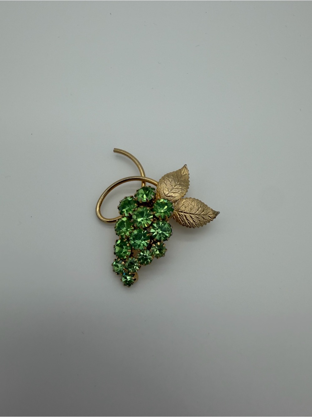 Green Crystal Grape Cluster Brooch with Gold Leaves